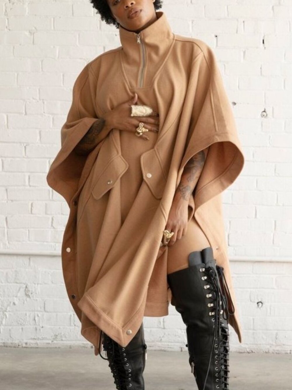 ICCON Camel Coat Poncho Cape Wool Blend Extra Large XL Tan Winter